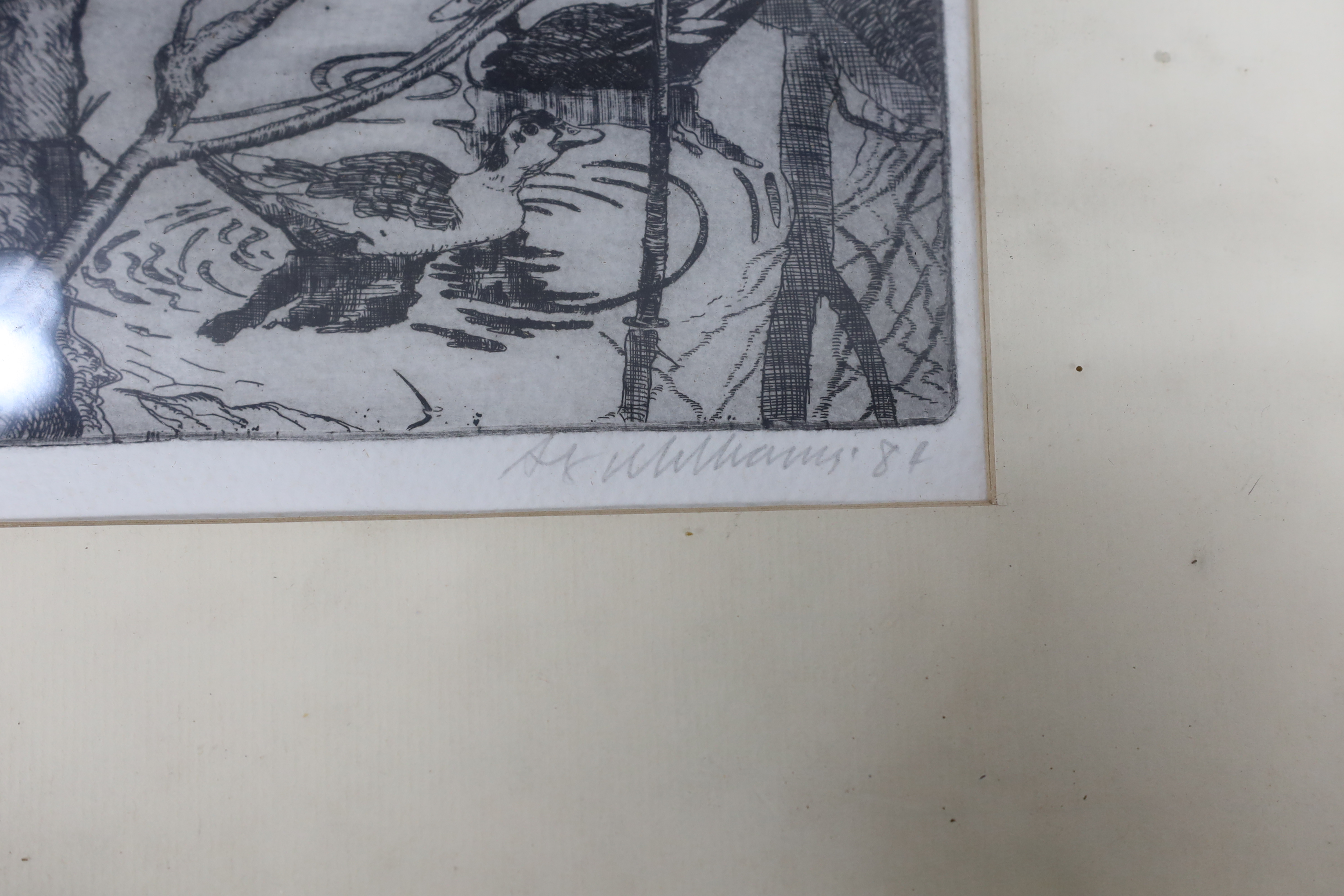 Alex Williams, etching, Ducks on the water, signed and dated '84, 6/150, 12 x 15cm